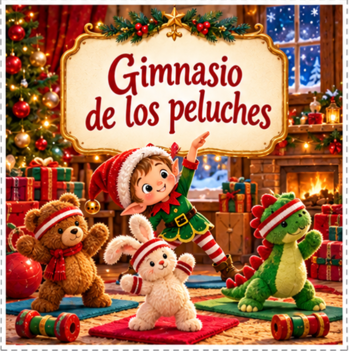 Ilustración navideña del gimnasio de los peluches con un elfo, un osito, un conejo y un dinosaurio